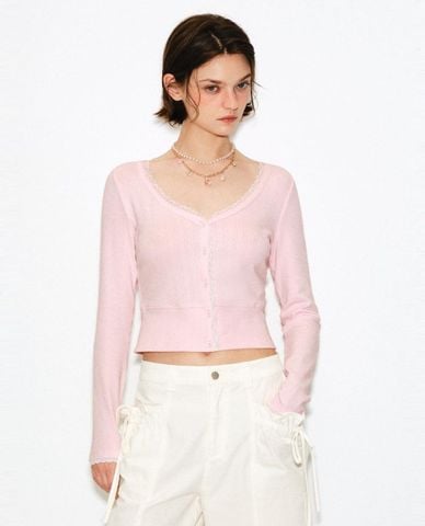  URBAN REVIVO - Áo khoác cardigan nữ cổ tim tay dài viền ren 