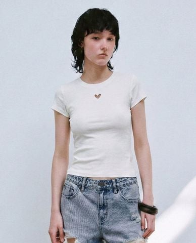 URBAN REVIVO - Áo croptop nữ cổ tròn tay ngắn phom ôm 