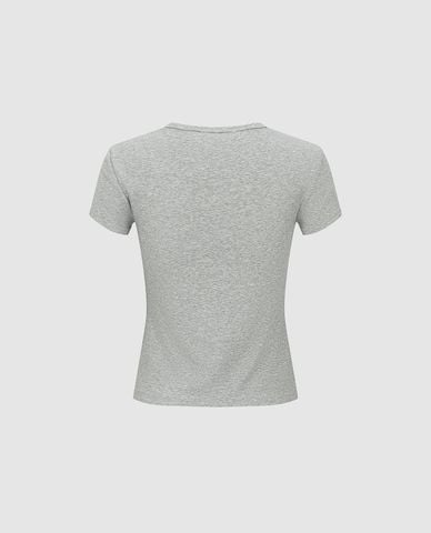  URBAN REVIVO - Áo croptop nữ cổ tròn tay ngắn phom ôm 