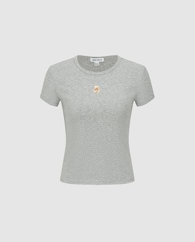  URBAN REVIVO - Áo croptop nữ cổ tròn tay ngắn phom ôm 