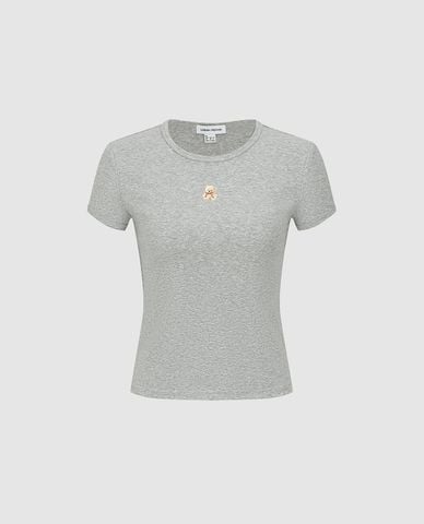  URBAN REVIVO - Áo croptop nữ cổ tròn tay ngắn phom ôm 