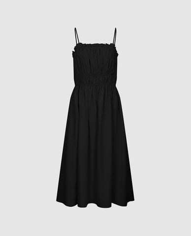  URBAN REVIVO - Đầm hai dây midi nhún eo thanh lịch 