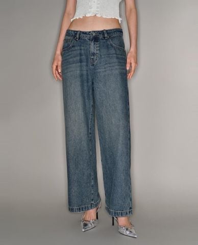  URBAN REVIVO - Quần jeans nữ ống rộng wash bạc 