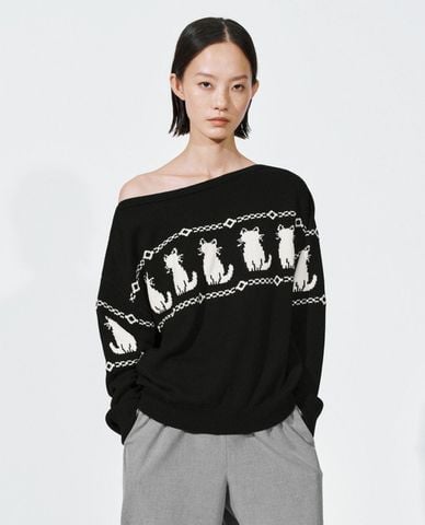  URBAN REVIVO - Áo dệt kim nữ cổ thuyền tay dài phối họa tiết 