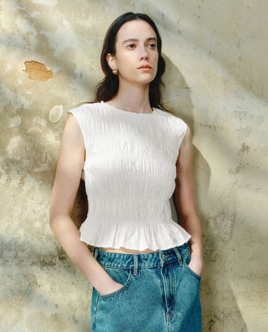  URBAN REVIVO - Áo sát nách nữ phối bèo nhún 