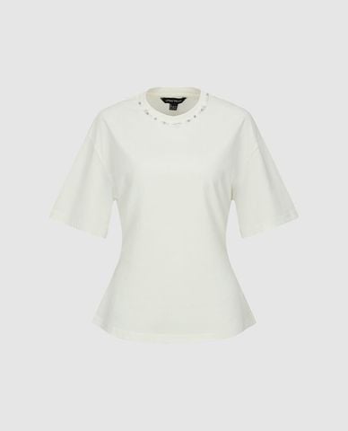  URBAN REVIVO - Áo kiểu nữ cổ tròn tay lửng đính đá 