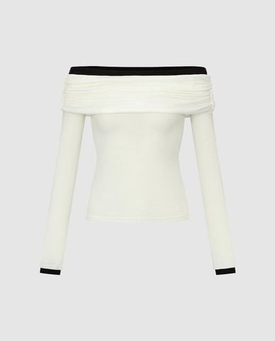  URBAN REVIVO - Áo trễ vai nữ tay dài phối viền phom ôm 