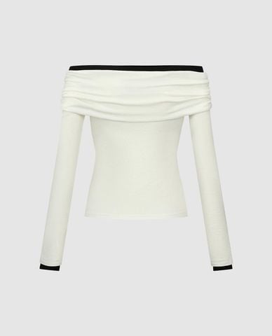  URBAN REVIVO - Áo trễ vai nữ tay dài phối viền phom ôm 