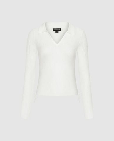  URBAN REVIVO - Áo dệt kim nữ cổ bẻ tay dài phom ôm 