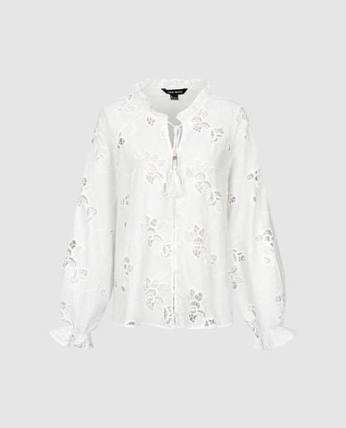  URBAN REVIVO - Áo kiểu nữ tay phồng họa tiết ren hoa 