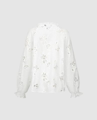  URBAN REVIVO - Áo kiểu nữ tay phồng họa tiết ren hoa 