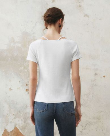  URBAN REVIVO - Áo kiểu nữ cổ U tay ngắn 2 in 1 