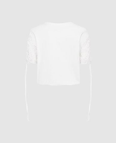  URBAN REVIVO - Áo kiểu nữ cổ tròn tay ngắn phối ren 