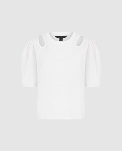  URBAN REVIVO - Áo kiểu nữ cổ tròn tay phồng cut out 