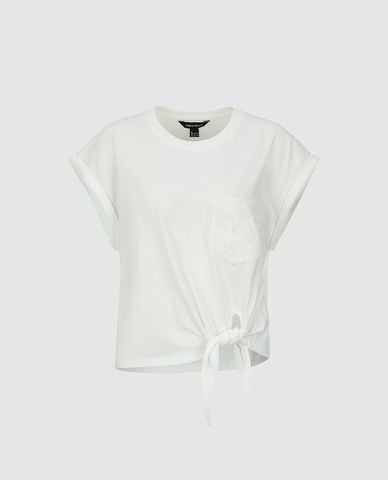  URBAN REVIVO - Áo kiểu nữ cổ tròn tay ngắn phối túi ren 