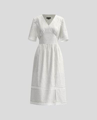  URBAN REVIVO - Đầm midi cổ V tay lỡ phối ren 