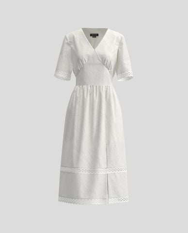  URBAN REVIVO - Đầm midi cổ V tay lỡ phối ren 