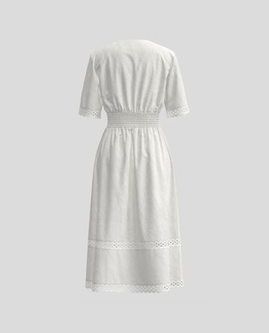  URBAN REVIVO - Đầm midi cổ V tay lỡ phối ren 