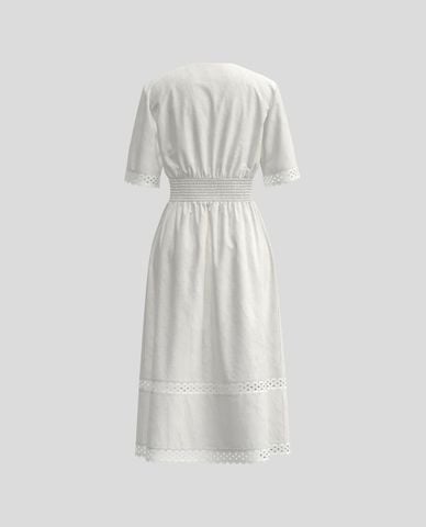  URBAN REVIVO - Đầm midi cổ V tay lỡ phối ren 