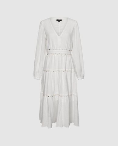  URBAN REVIVO - Đầm xếp tầng midi cổ V đính hạt 