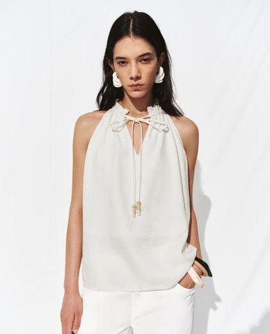  URBAN REVIVO - Áo kiểu nữ sát nách cổ V thắt nơ 