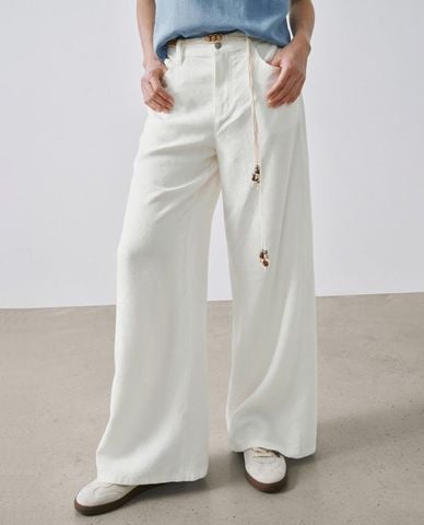  URBAN REVIVO - Quần jeans nữ ống rộng phối dây thắt 