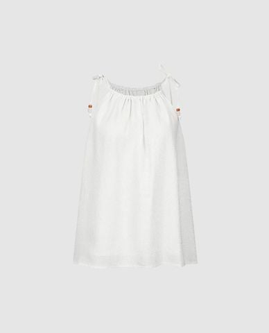  URBAN REVIVO - Áo hai dây nữ denim cổ nhún phối hạt 