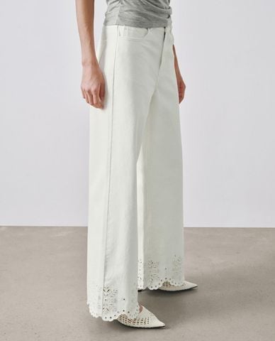  URBAN REVIVO - Quần jeans nữ ống rộng phối ren 