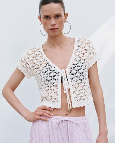  URBAN REVIVO - Áo khoác cardigan nữ tay ngắn buộc dây 