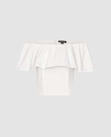  URBAN REVIVO - Áo trễ vai nữ phom croptop phối bèo 