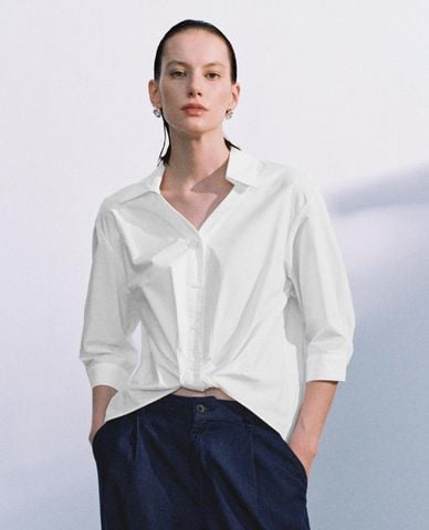  URBAN REVIVO - Áo sơ mi nữ cổ bẻ tay lửng xoắn eo 