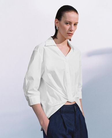  URBAN REVIVO - Áo sơ mi nữ cổ bẻ tay lửng xoắn eo 
