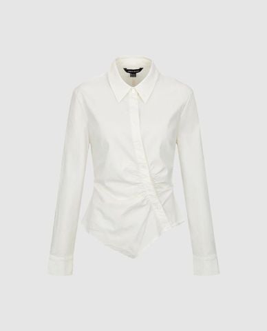  URBAN REVIVO - Áo sơ mi nữ cổ bẻ tay dài vạt bất đối xứng 