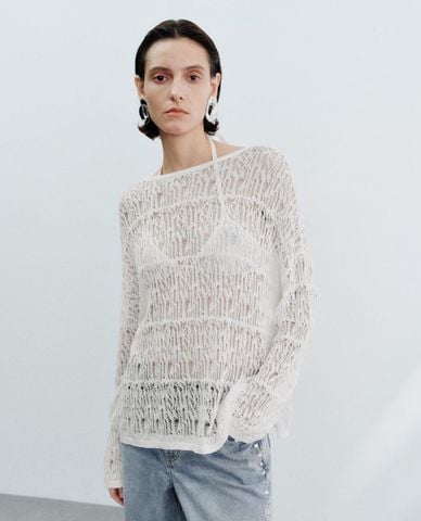  URBAN REVIVO - Áo dệt kim nữ cổ tròn tay dài phối ren 