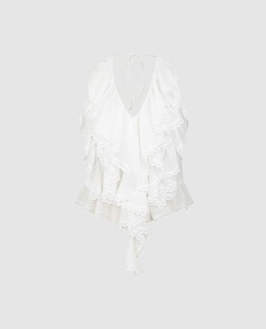  URBAN REVIVO - Áo kiểu nữ cổ yếm xếp tầng 