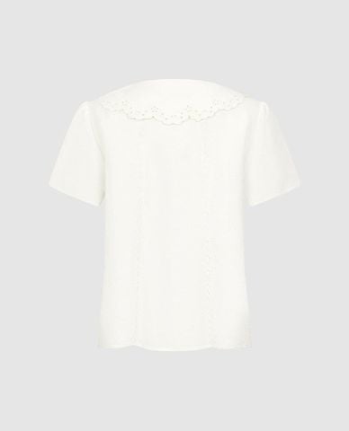  URBAN REVIVO - Áo sơ mi nữ cổ bèo tay ngắn phối ren 