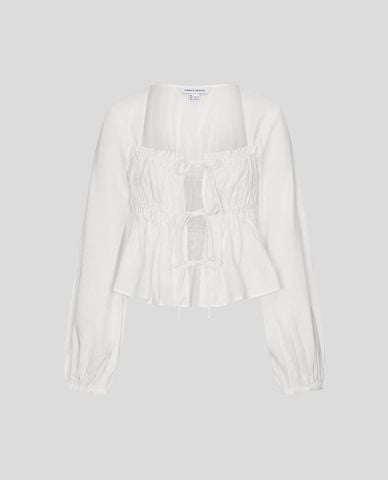  URBAN REVIVO - Áo kiểu nữ cổ vuông tay dài buộc dây 