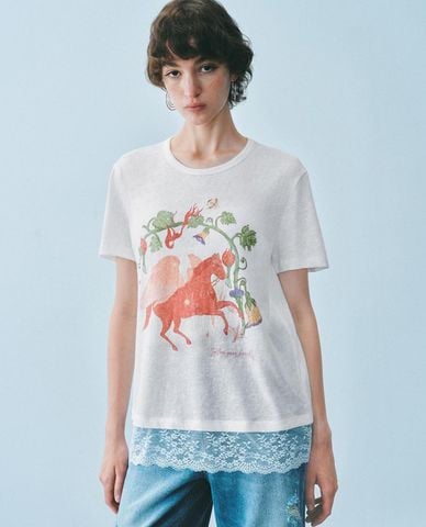  URBAN REVIVO - Áo thun nữ cổ tròn tay ngắn phối ren 