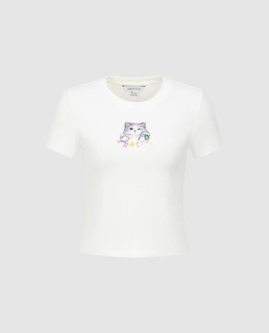  URBAN REVIVO - Áo croptop nữ cổ tròn tay ngắn 