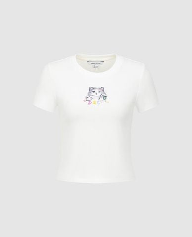  URBAN REVIVO - Áo croptop nữ cổ tròn tay ngắn 