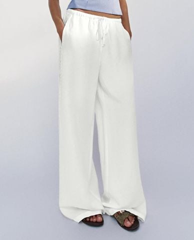  URBAN REVIVO - Quần nữ ống rộng lưng thun phối dây rút 