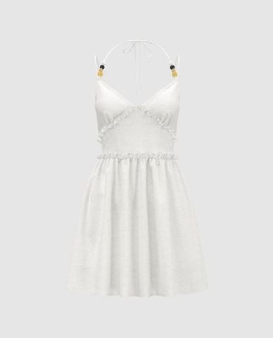  URBAN REVIVO - Đầm hai dây mini cổ yếm nhún bèo 