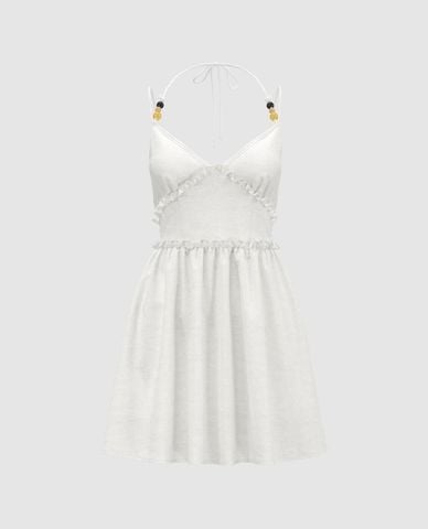  URBAN REVIVO - Đầm hai dây mini cổ yếm nhún bèo 