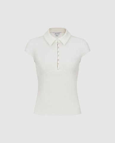  URBAN REVIVO - Áo polo nữ tay ngắn phom ôm phối nút 