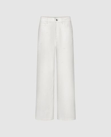  URBAN REVIVO - Quần jeans nữ ống rộng thêu nơ 