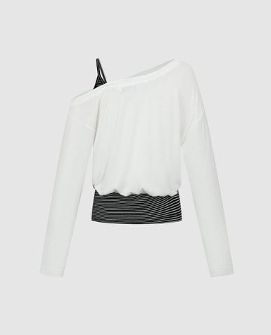  URBAN REVIVO - Áo trễ vai nữ tay dài phối layer in họa tiết 