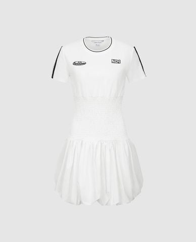  URBAN REVIVO - Đầm midi cổ tròn tay ngắn phối viền 