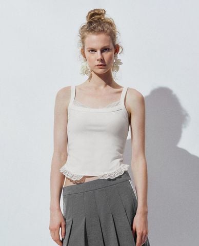  URBAN REVIVO - Áo hai dây nữ phom ôm viền ren 