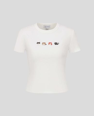  URBAN REVIVO - Áo croptop nữ cổ tròn tay ngắn in họa tiết 