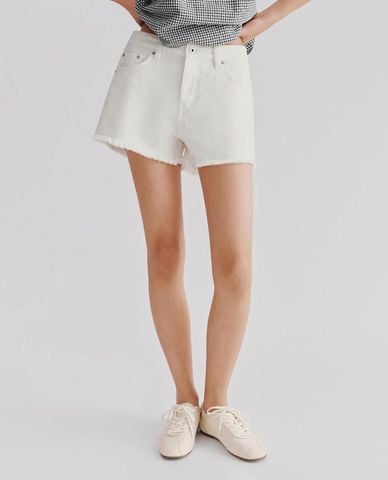  URBAN REVIVO - Quần short jeans nữ phối gấu tua rua 